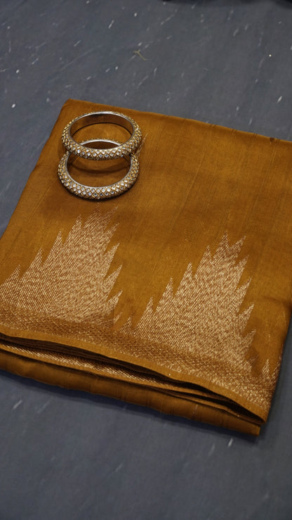 Banarasi Tussar - Tower Border Mehndi Green