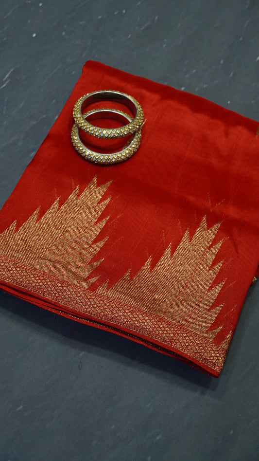 Banarasi Tussar - Tower Border Brick Red