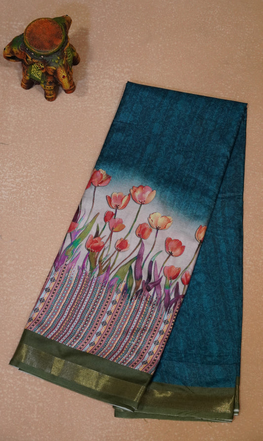 Dola Silk Saree Tulip Print-Peacock Blue