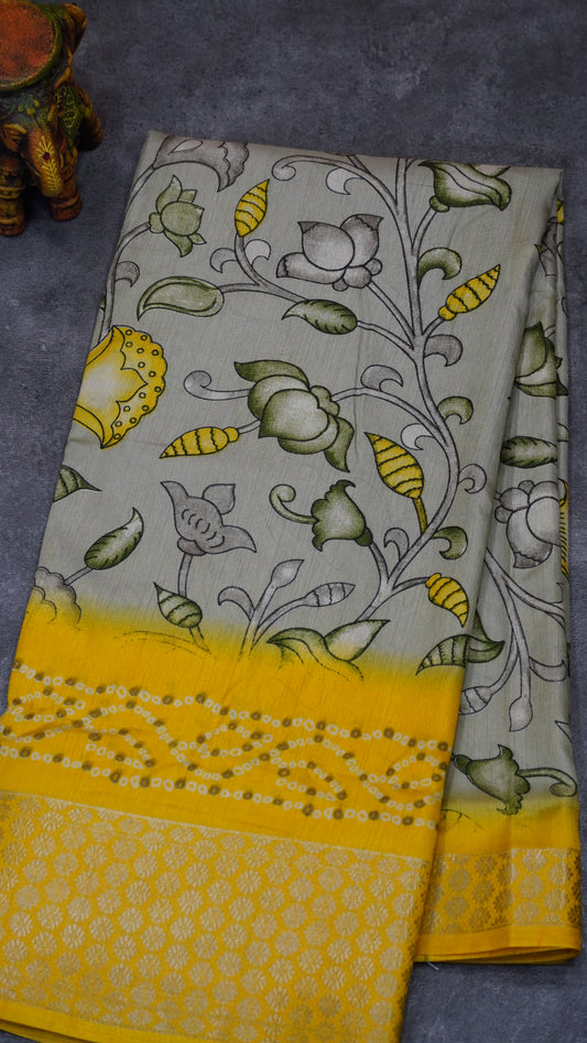 Dola Silk Saree Floral Print-Yellow