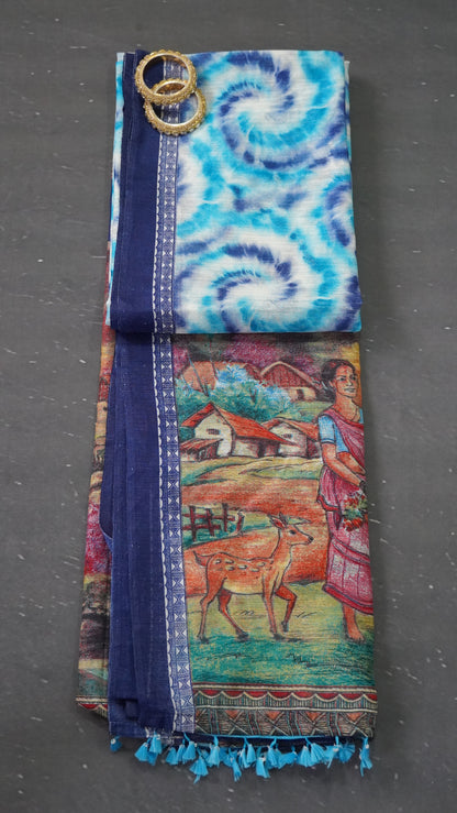 Jute Cotton Saree - Sky Blue