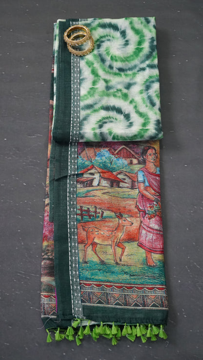 Jute Cotton Saree - Green