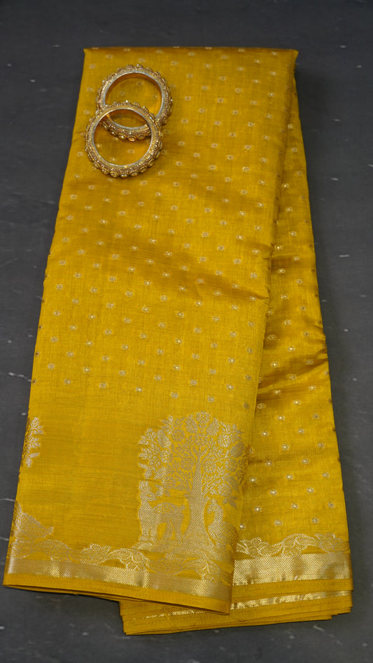 Semi Tussar - Deer Peacock Border Mehndi green