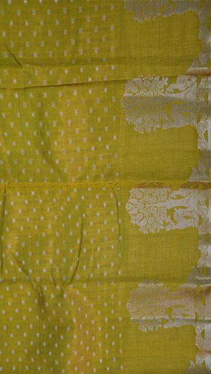 Semi Tussar - Deer Peacock Border Mehndi green