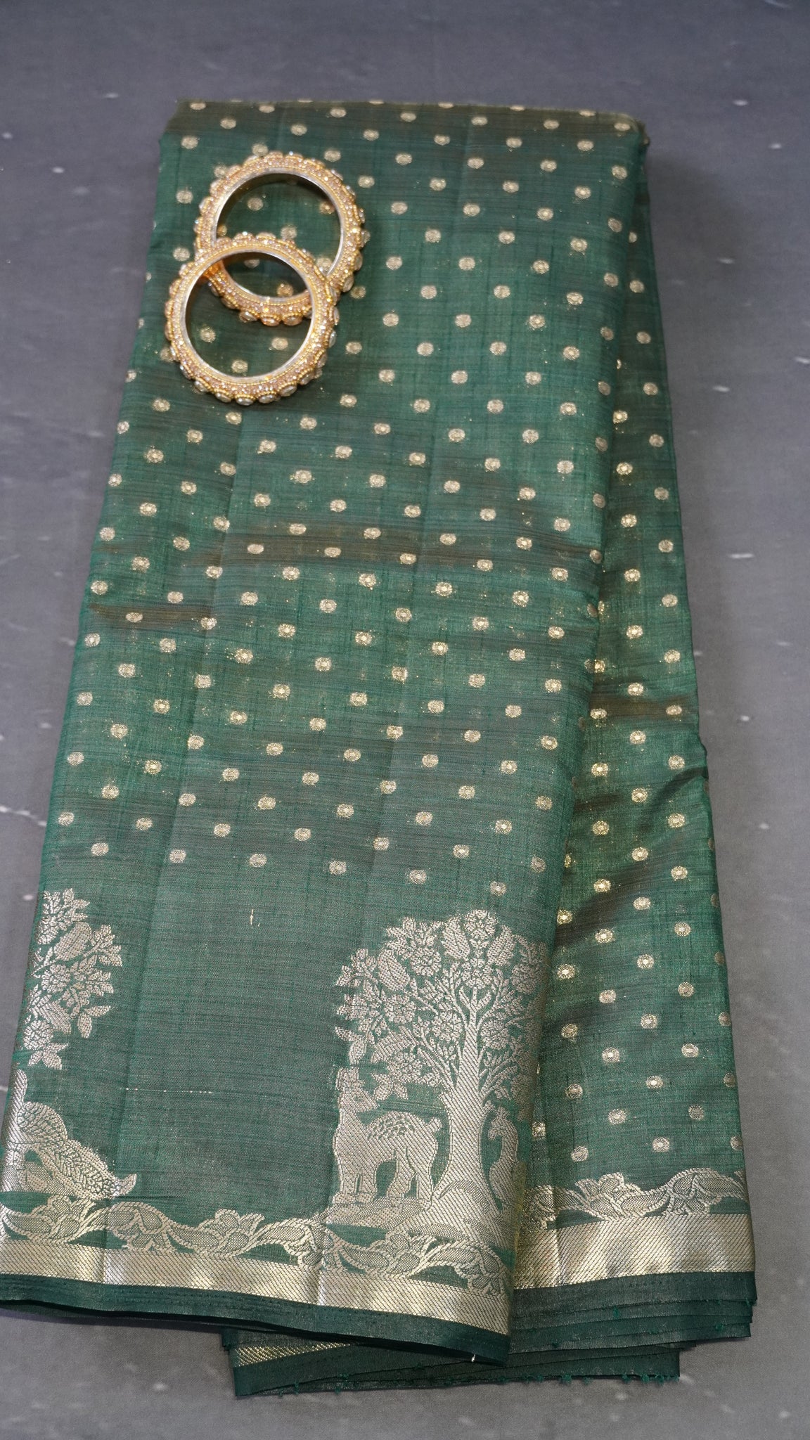 Semi Tussar - Deer Peacock Border Bottle Green