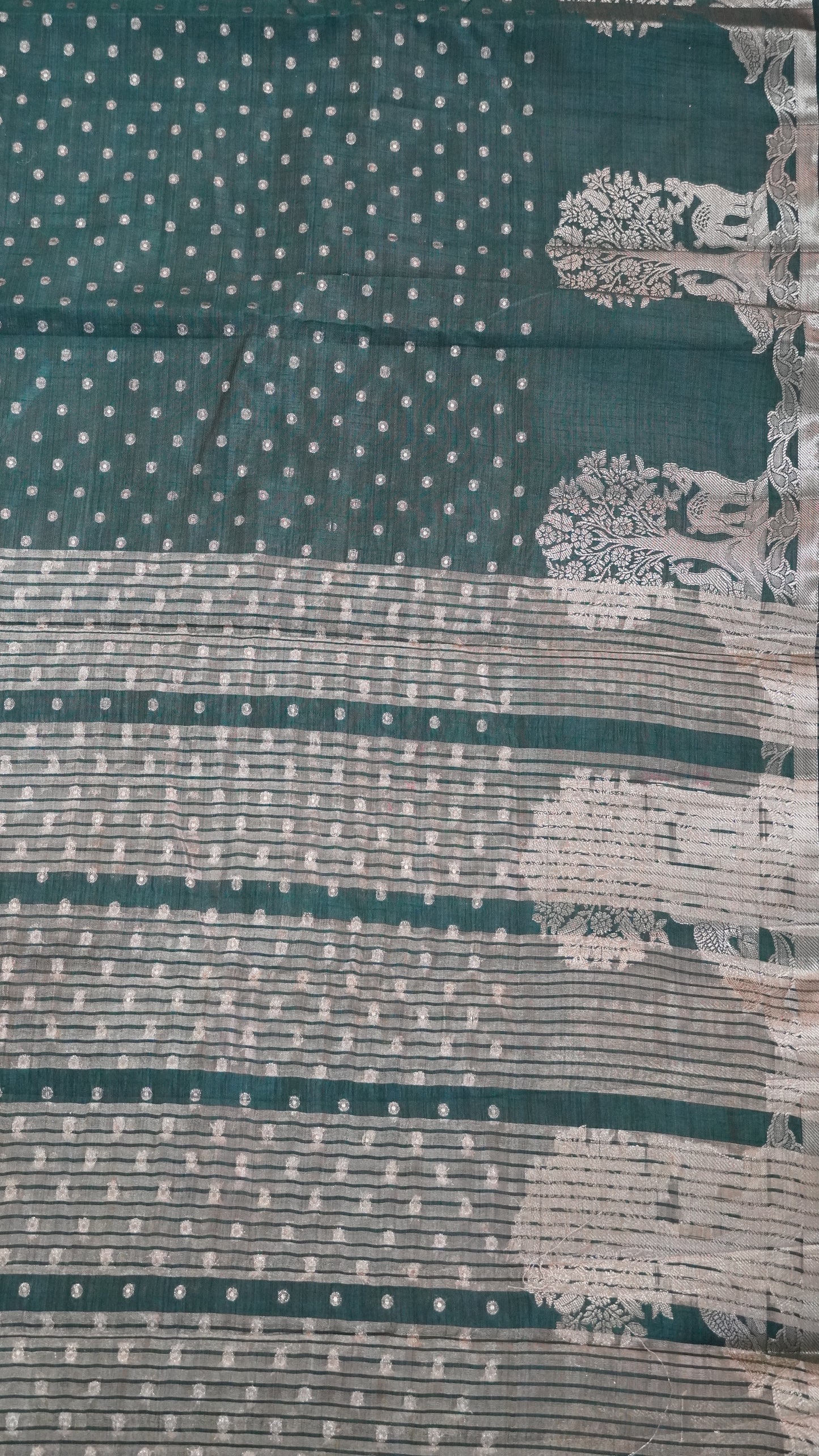 Semi Tussar - Deer Peacock Border Bottle Green