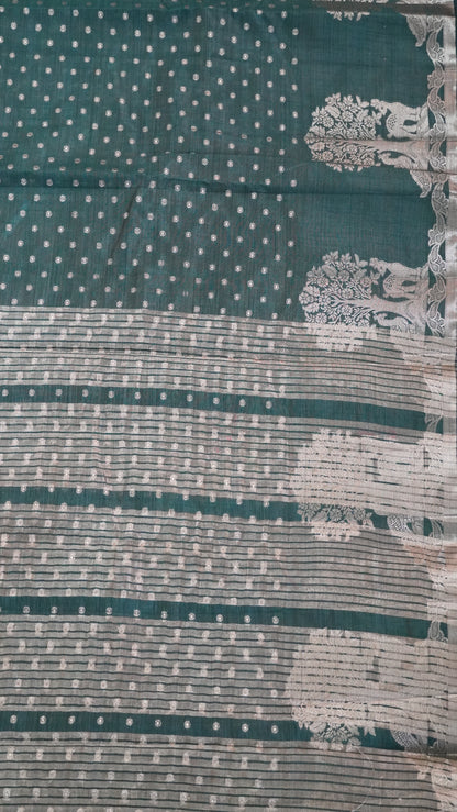 Semi Tussar - Deer Peacock Border Bottle Green