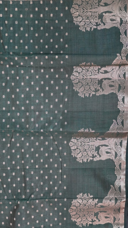 Semi Tussar - Deer Peacock Border Bottle Green