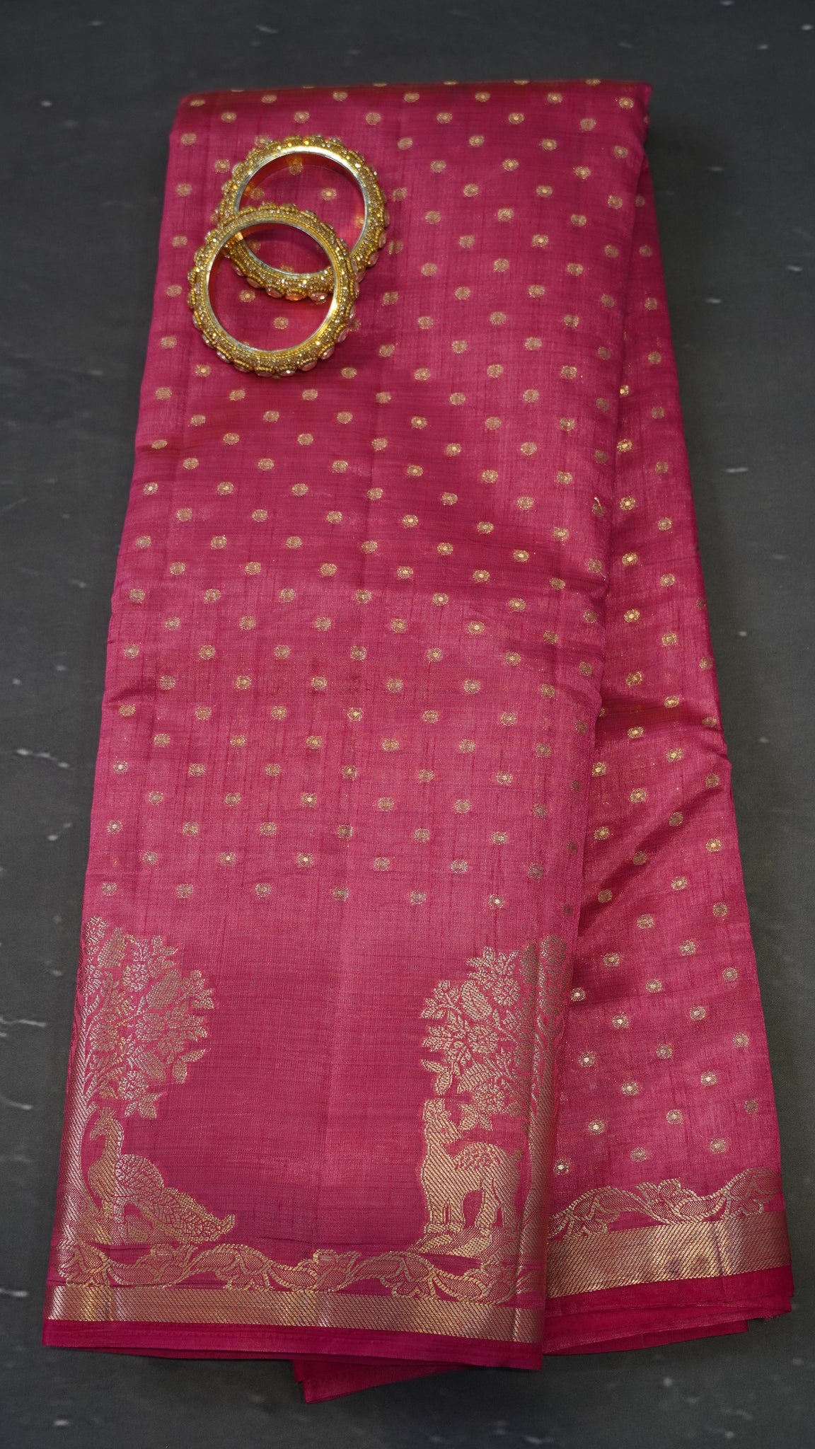 Semi Tussar - Deer Peacock Border Pink