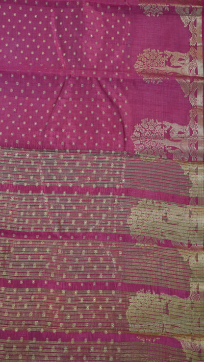 Semi Tussar - Deer Peacock Border Pink
