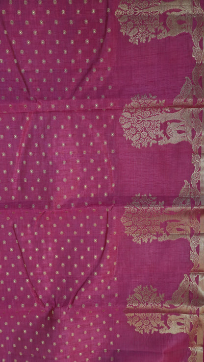 Semi Tussar - Deer Peacock Border Pink