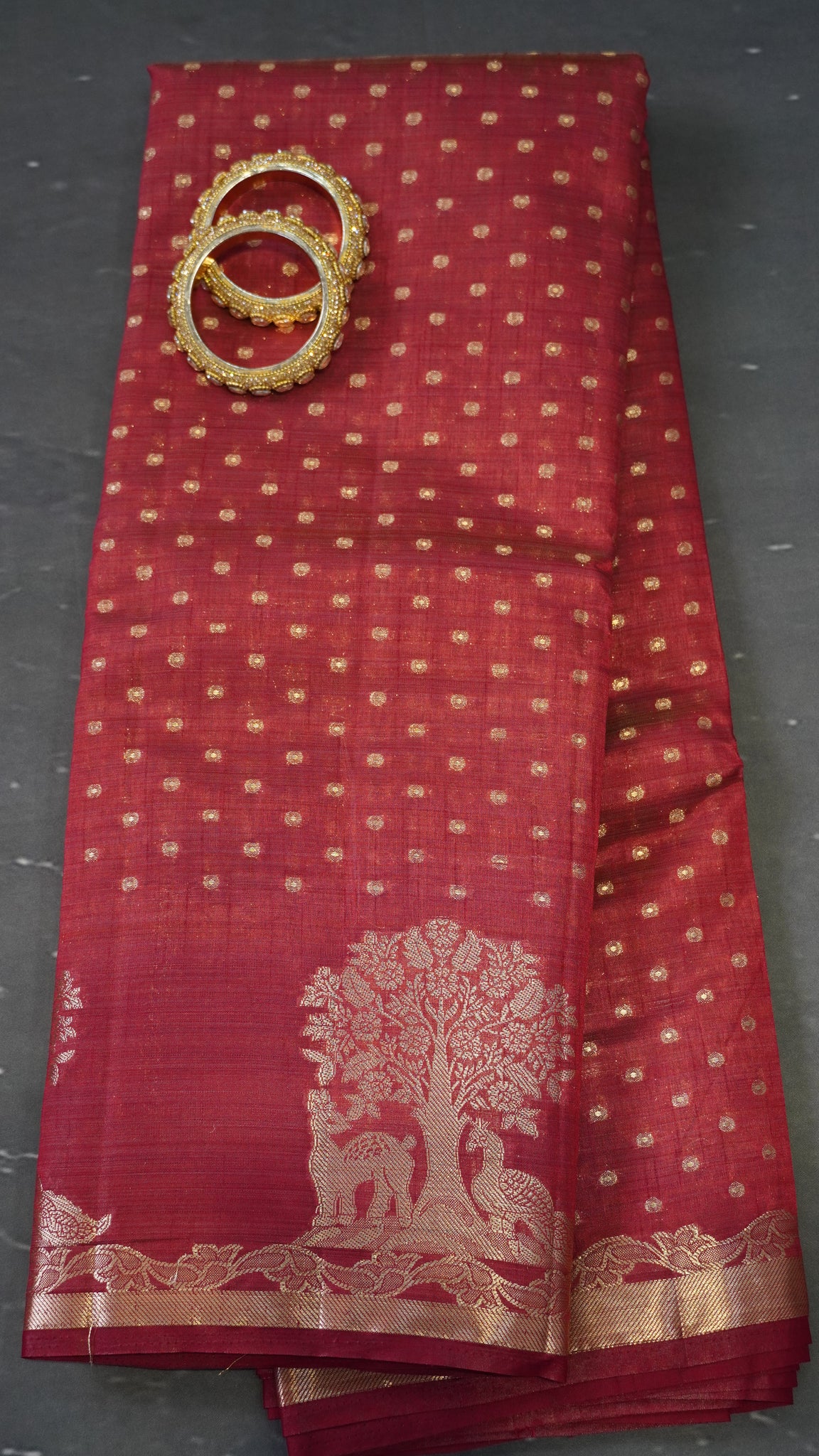Semi Tussar - Deer Peacock Border Maroon