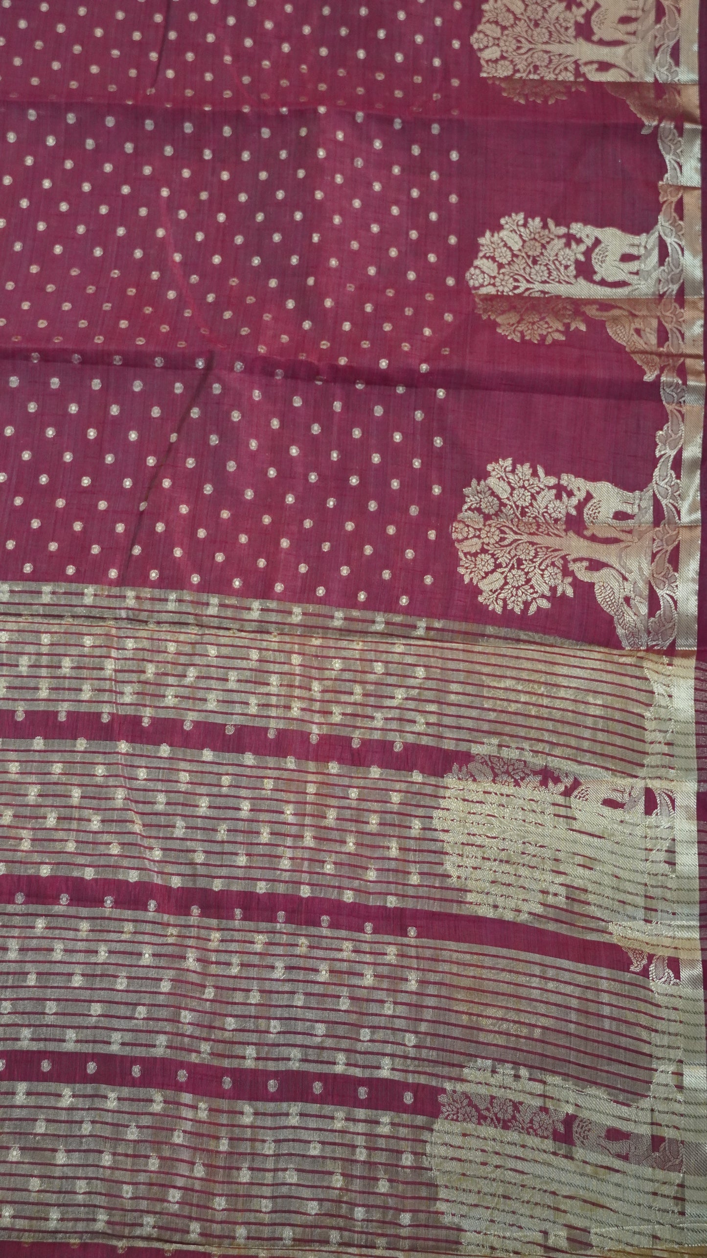 Semi Tussar - Deer Peacock Border Maroon