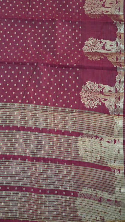 Semi Tussar - Deer Peacock Border Maroon