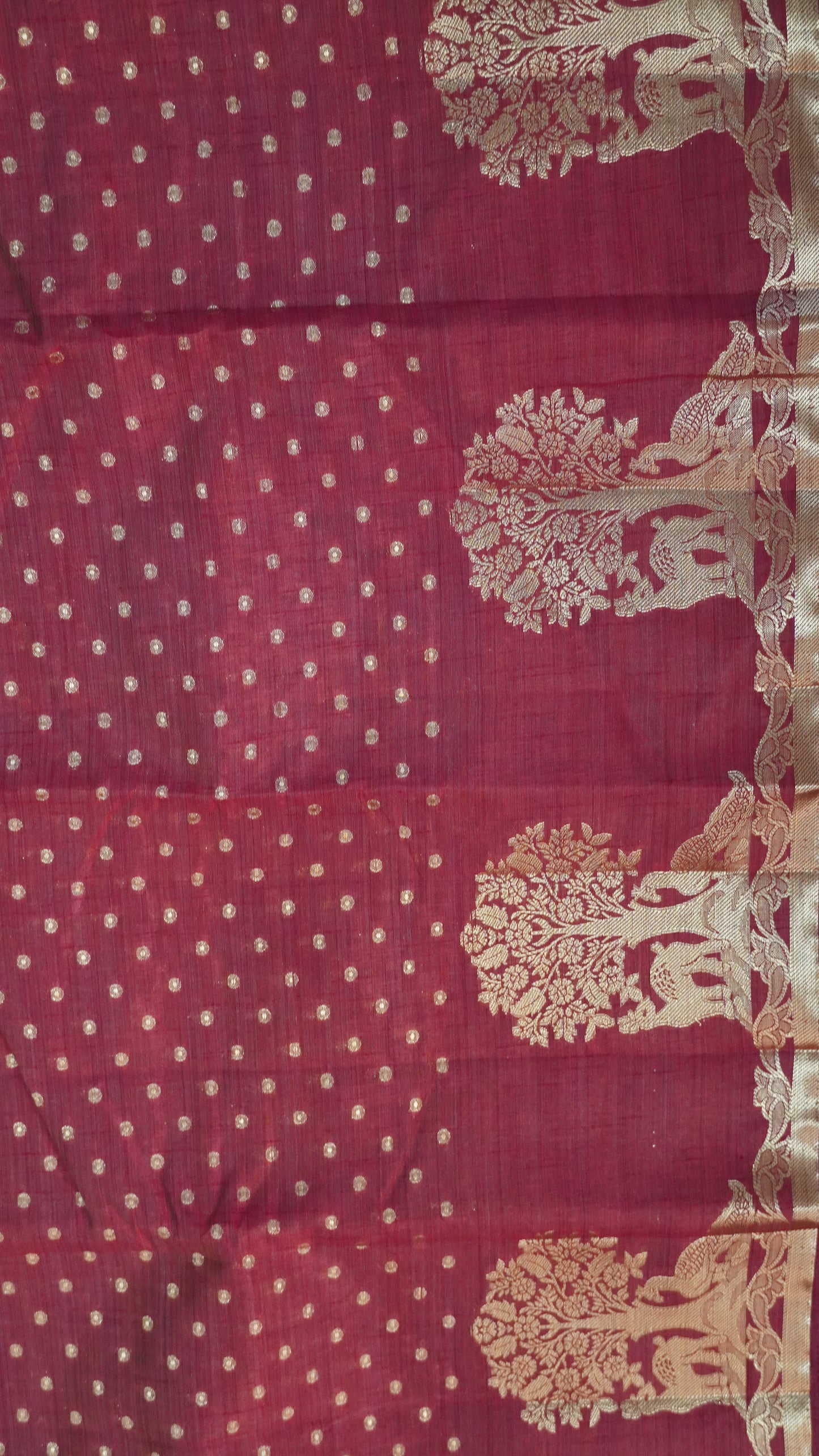 Semi Tussar - Deer Peacock Border Maroon