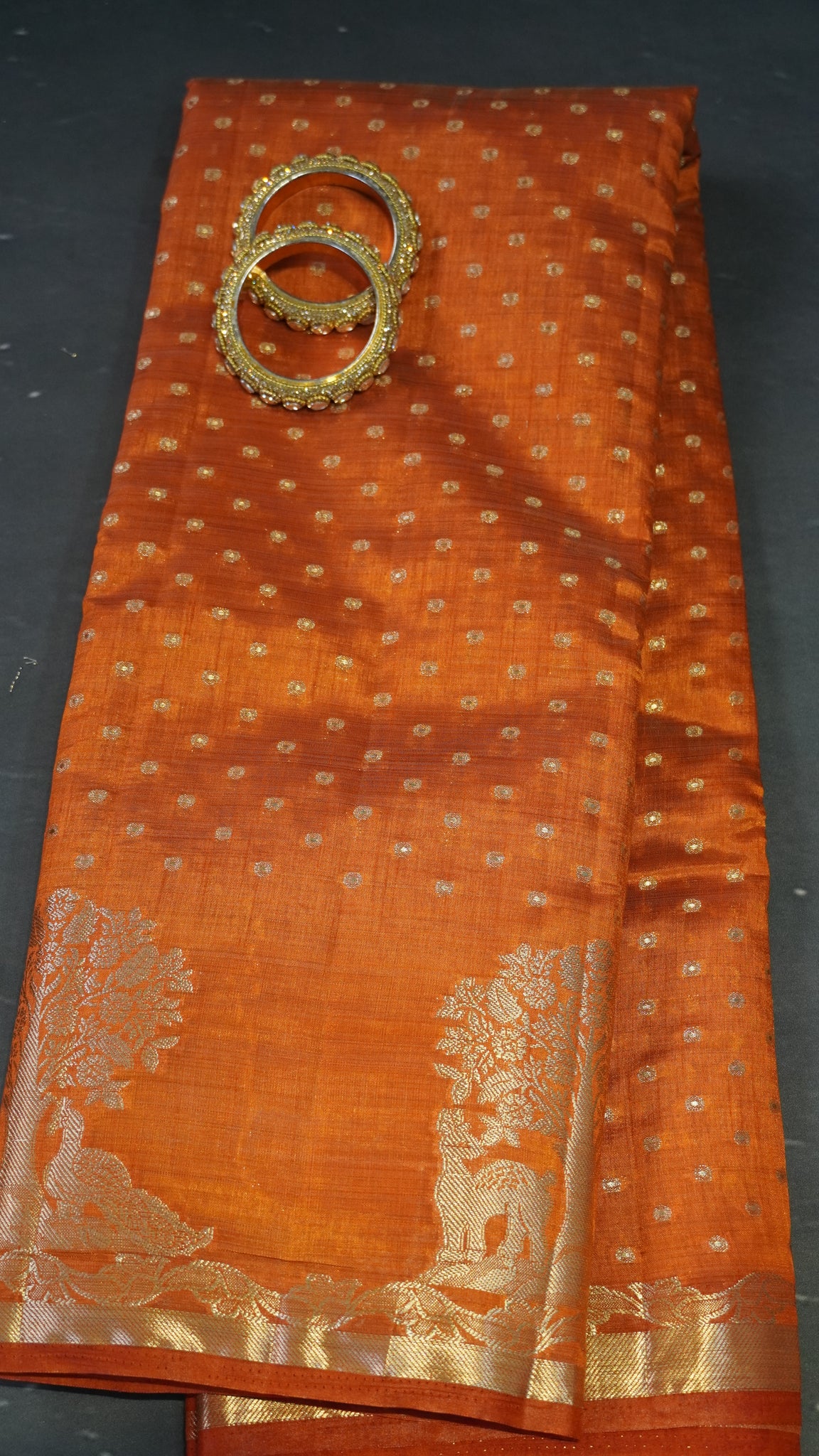 Semi Tussar - Deer Peacock Border Orange