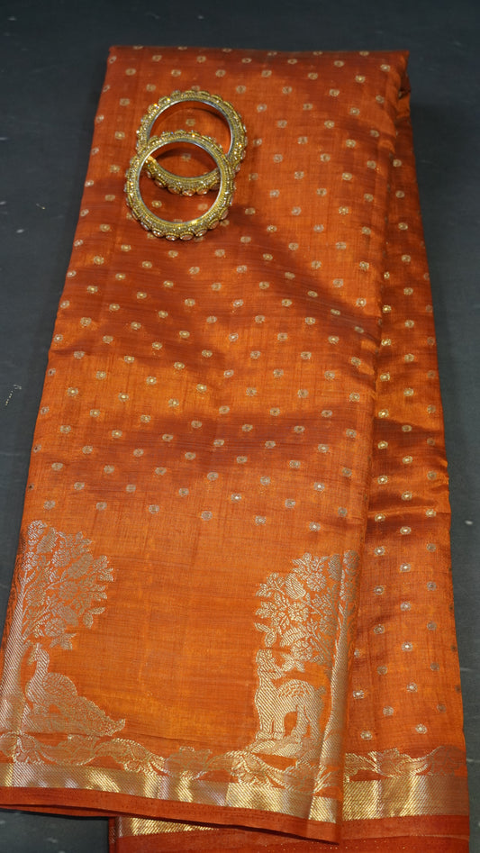 Semi Tussar - Deer Peacock Border Orange