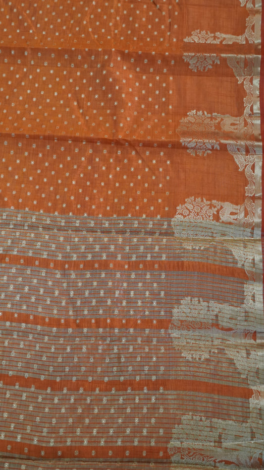 Semi Tussar - Deer Peacock Border Orange