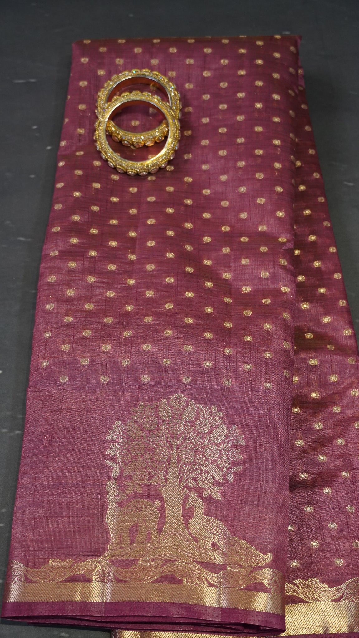 Semi Tussar - Deer Peacock Border Light Arakku