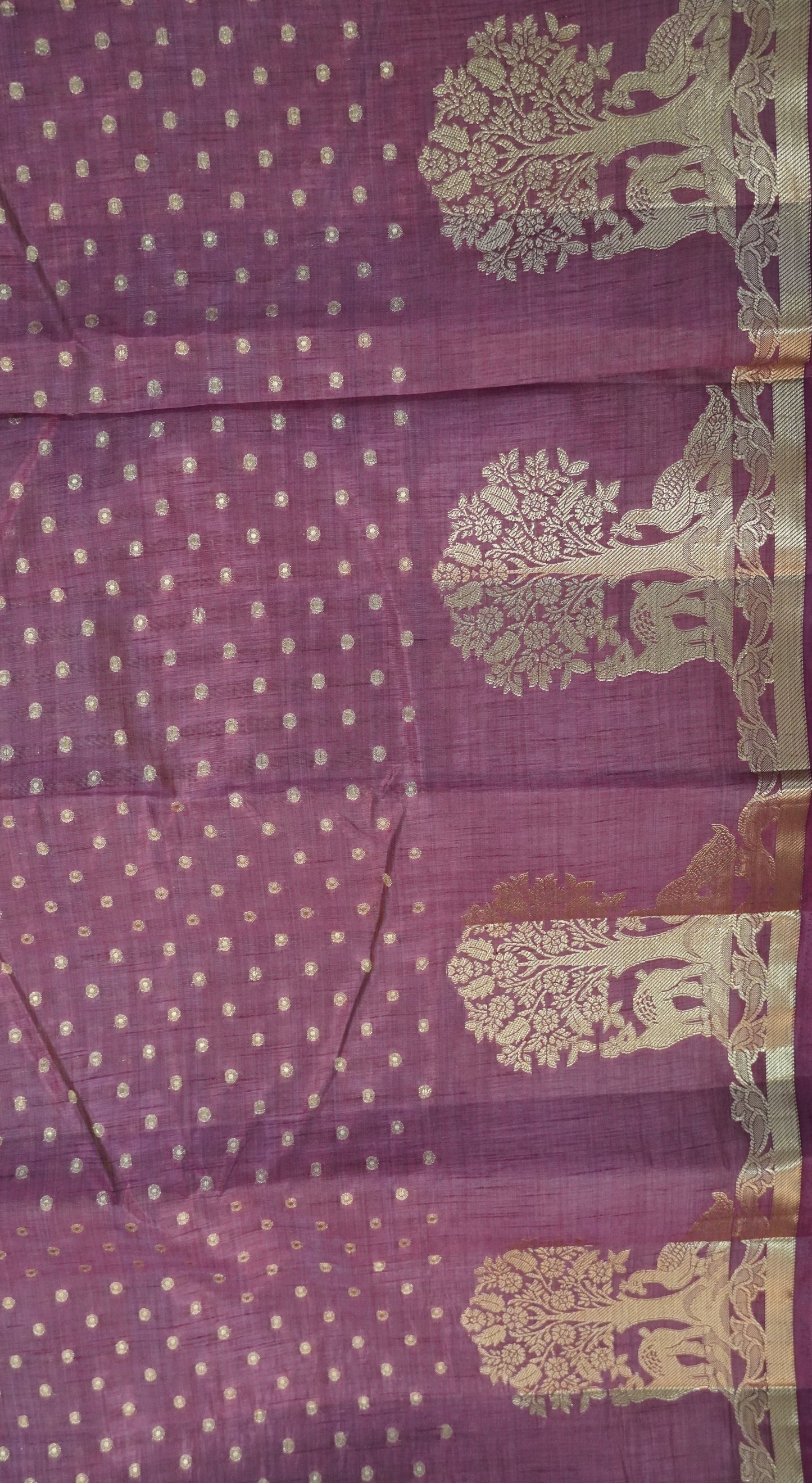 Semi Tussar - Deer Peacock Border Light Arakku