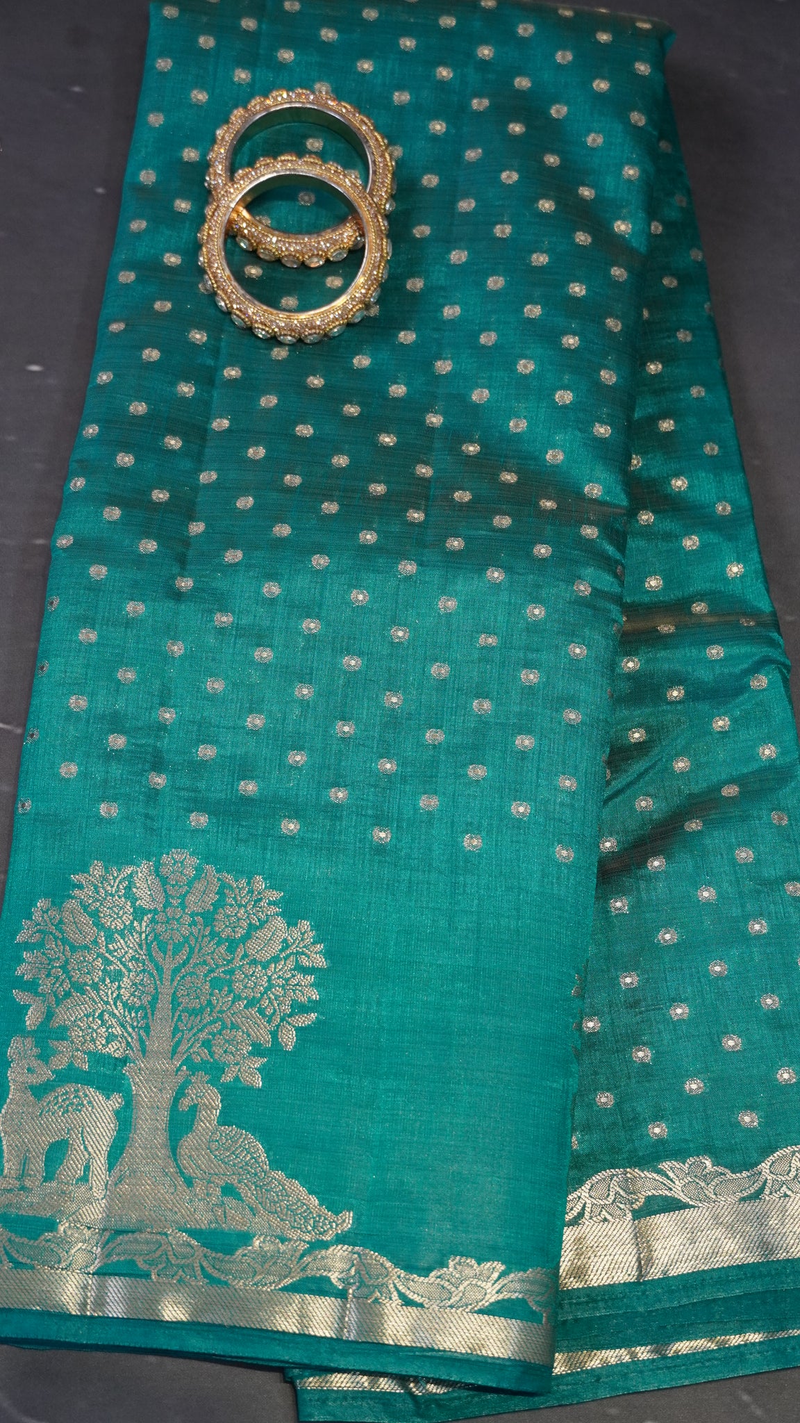 Semi Tussar - Deer Peacock Border Peacock Green