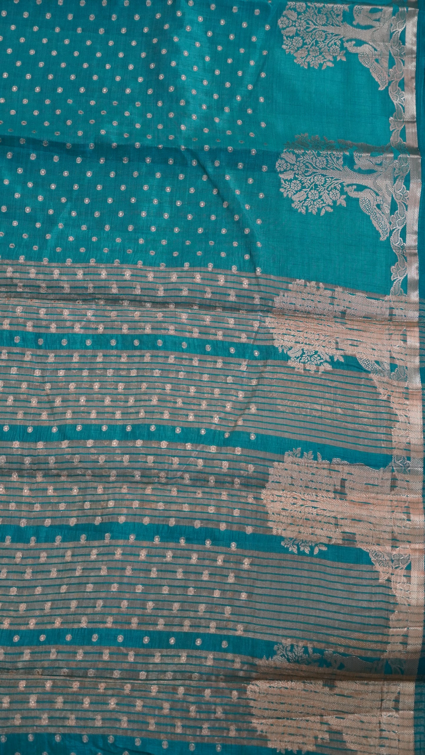 Semi Tussar - Deer Peacock Border Peacock Green