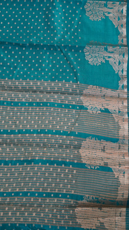 Semi Tussar - Deer Peacock Border Peacock Green