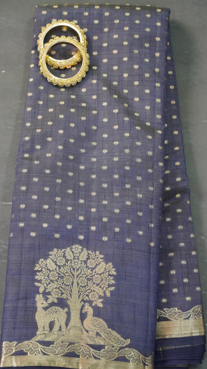 Semi Tussar - Deer Peacock Border Navy Blue