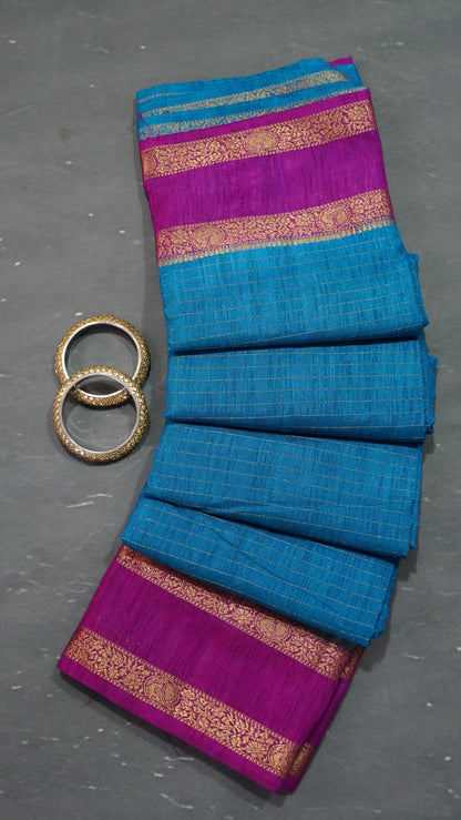 Semi Raw Silk- Retapet Border Peacock Blue