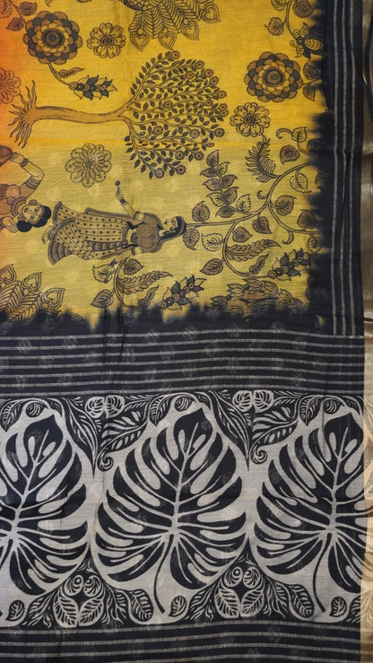 Malai Cotton Saree - Mustard-Magenta