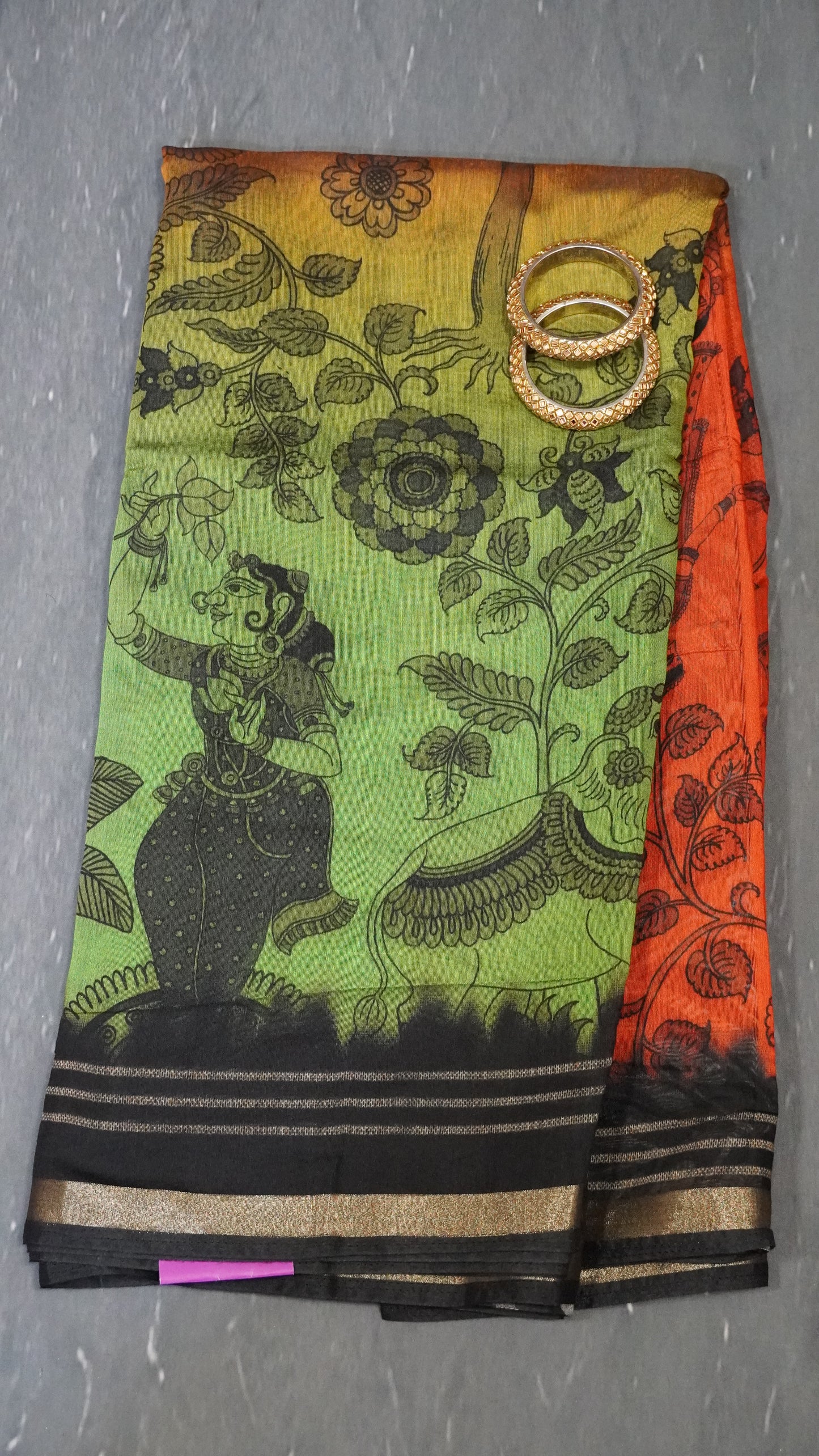 Malai Cotton Saree - Orange-Light Green