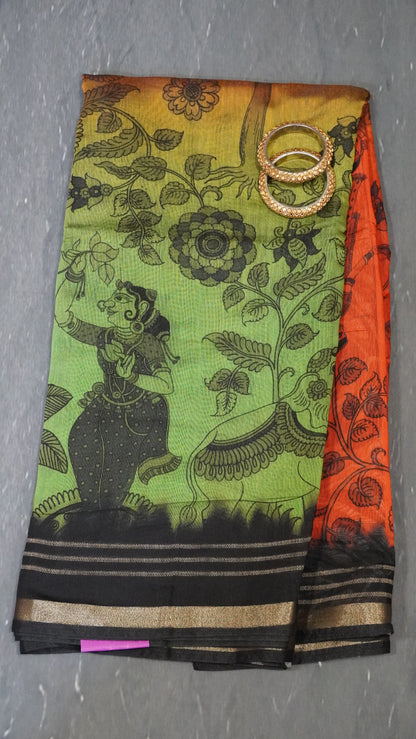 Malai Cotton Saree - Orange-Light Green
