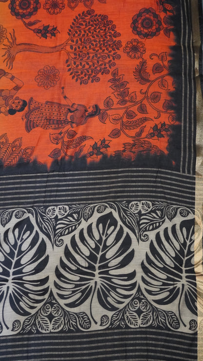 Malai Cotton Saree - Orange-Light Green