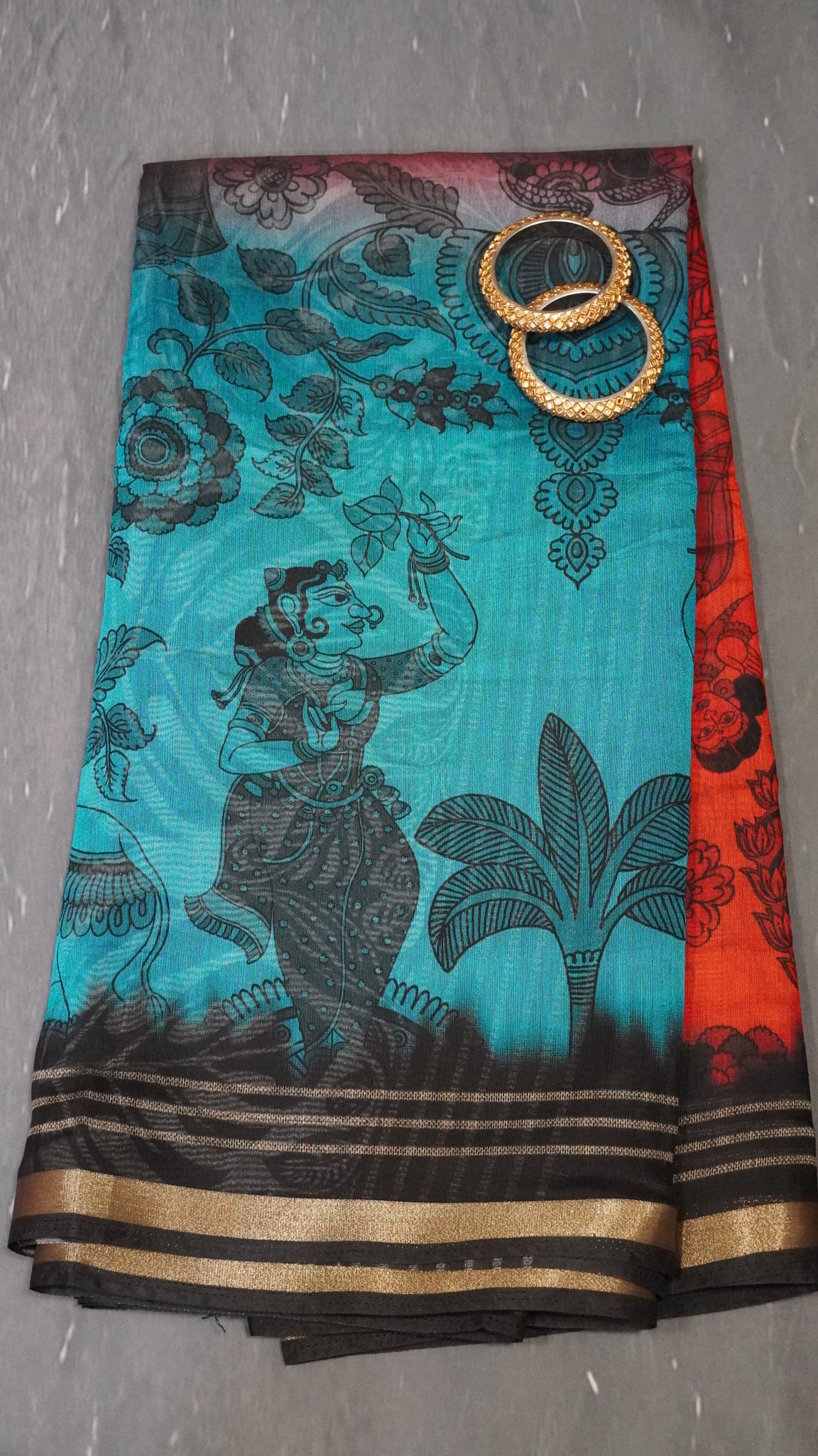 Malai Cotton Saree - Dark Orange-Ramar Blue