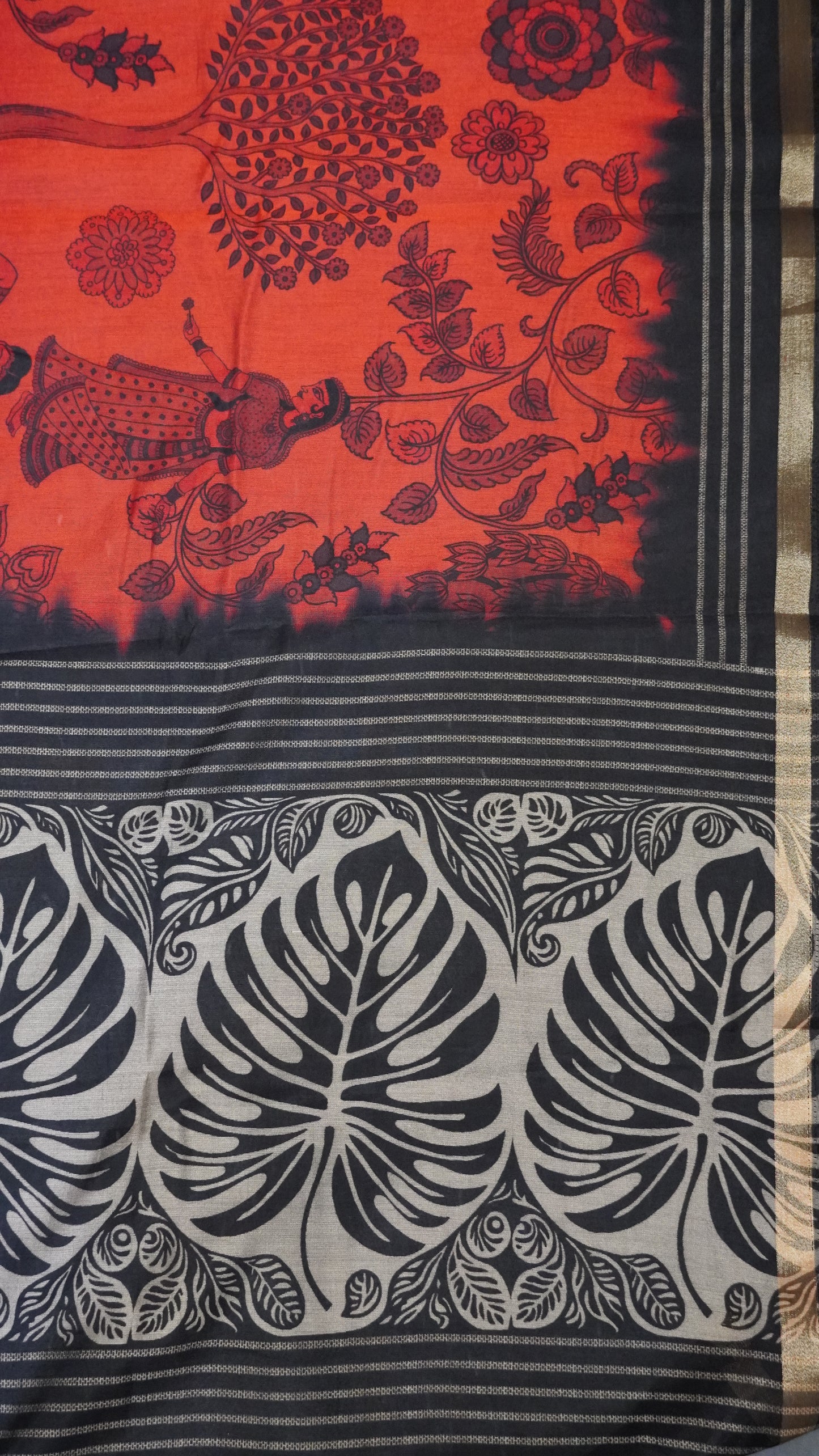 Malai Cotton Saree - Dark Orange-Ramar Blue