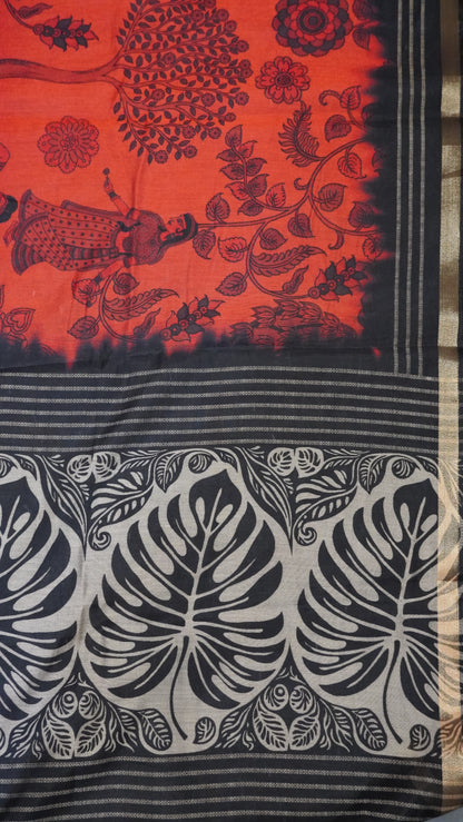 Malai Cotton Saree - Dark Orange-Ramar Blue