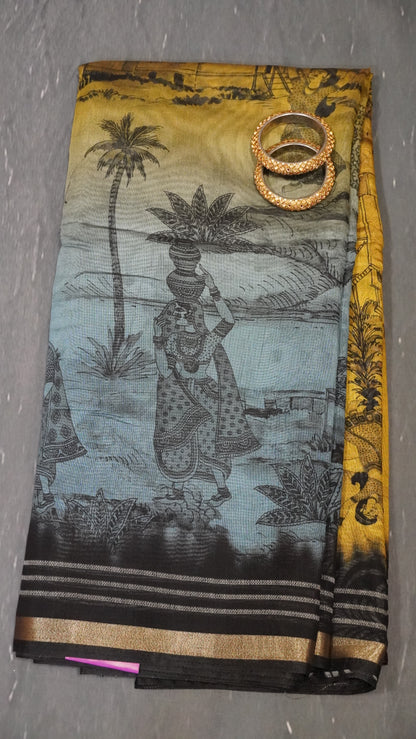 Malai Cotton Saree - Mustard-Blue