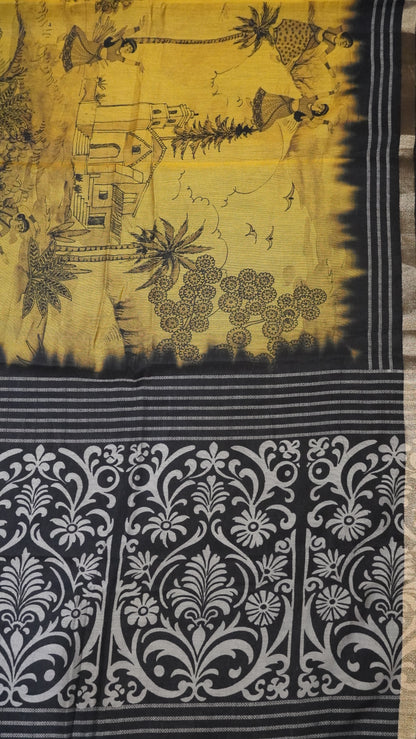 Malai Cotton Saree - Mustard-Blue