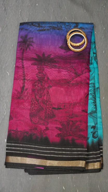 Malai Cotton Saree - Ramar Blue-Magenta