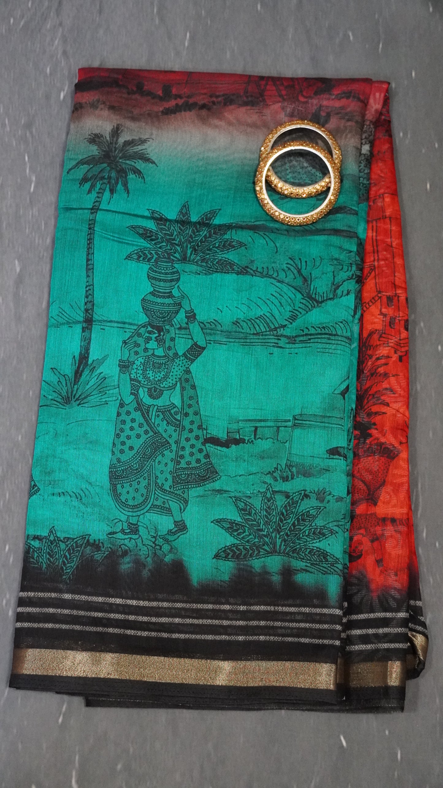 Malai Cotton Saree - Orange-Green