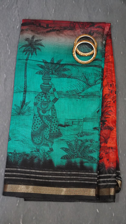 Malai Cotton Saree - Orange-Green