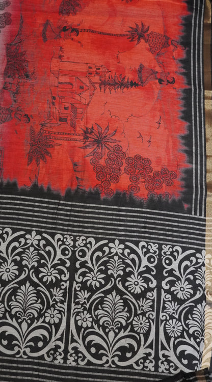 Malai Cotton Saree - Orange-Green