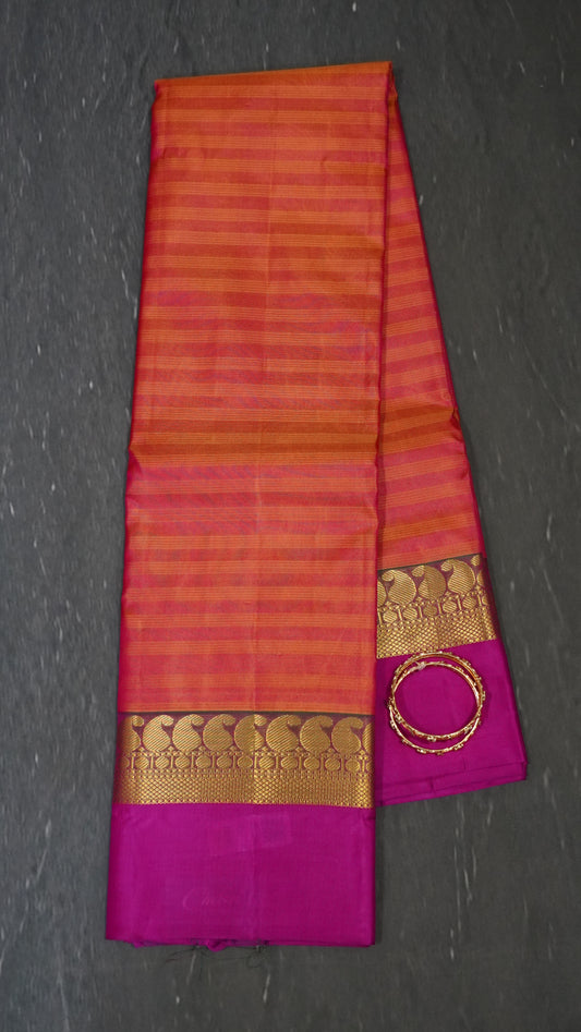 Pure Kanjivaram Silk Saree- Manga Border Pinkish Orange
