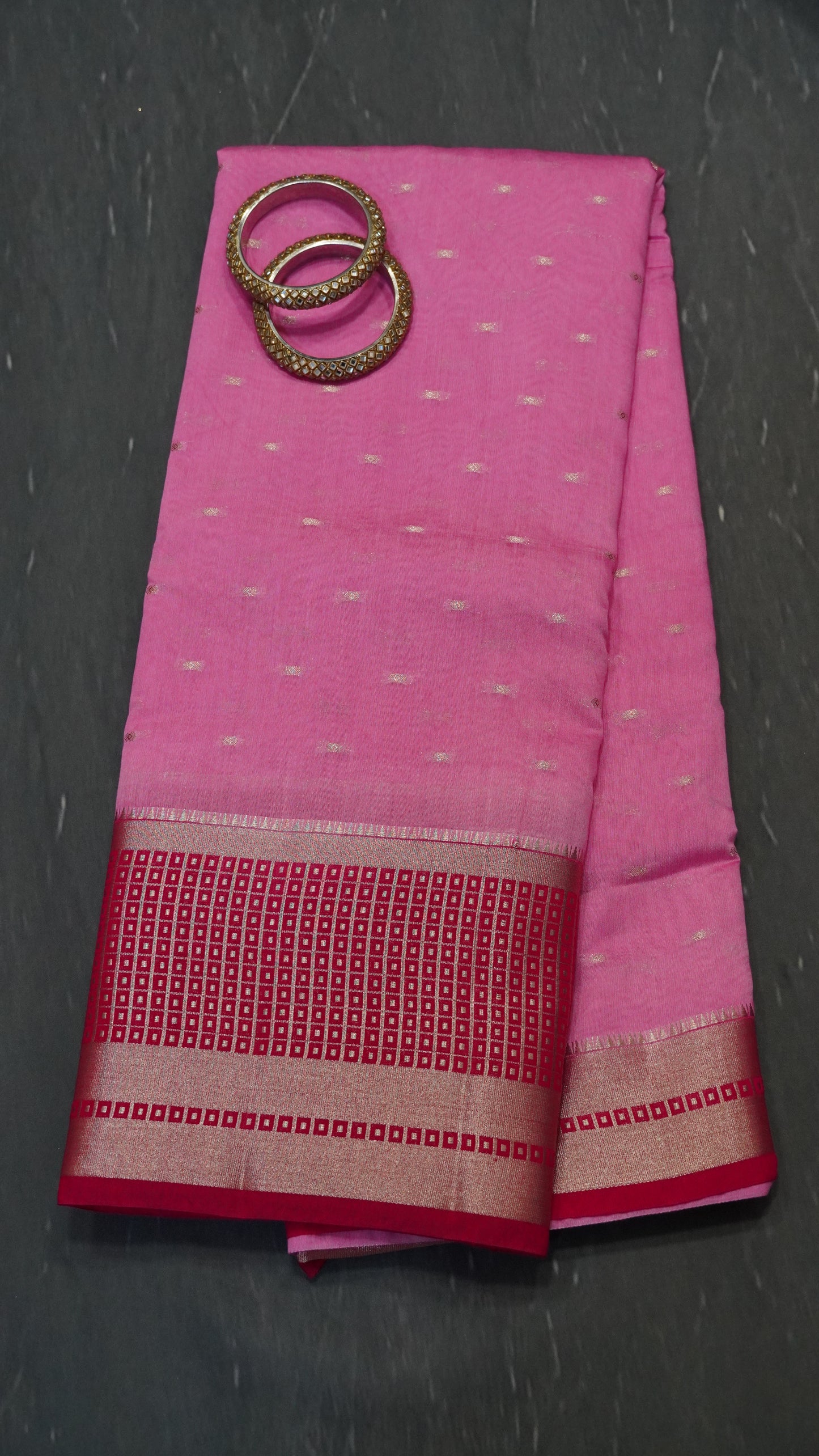 Viscose Saree - Mini Square Border Light Pink