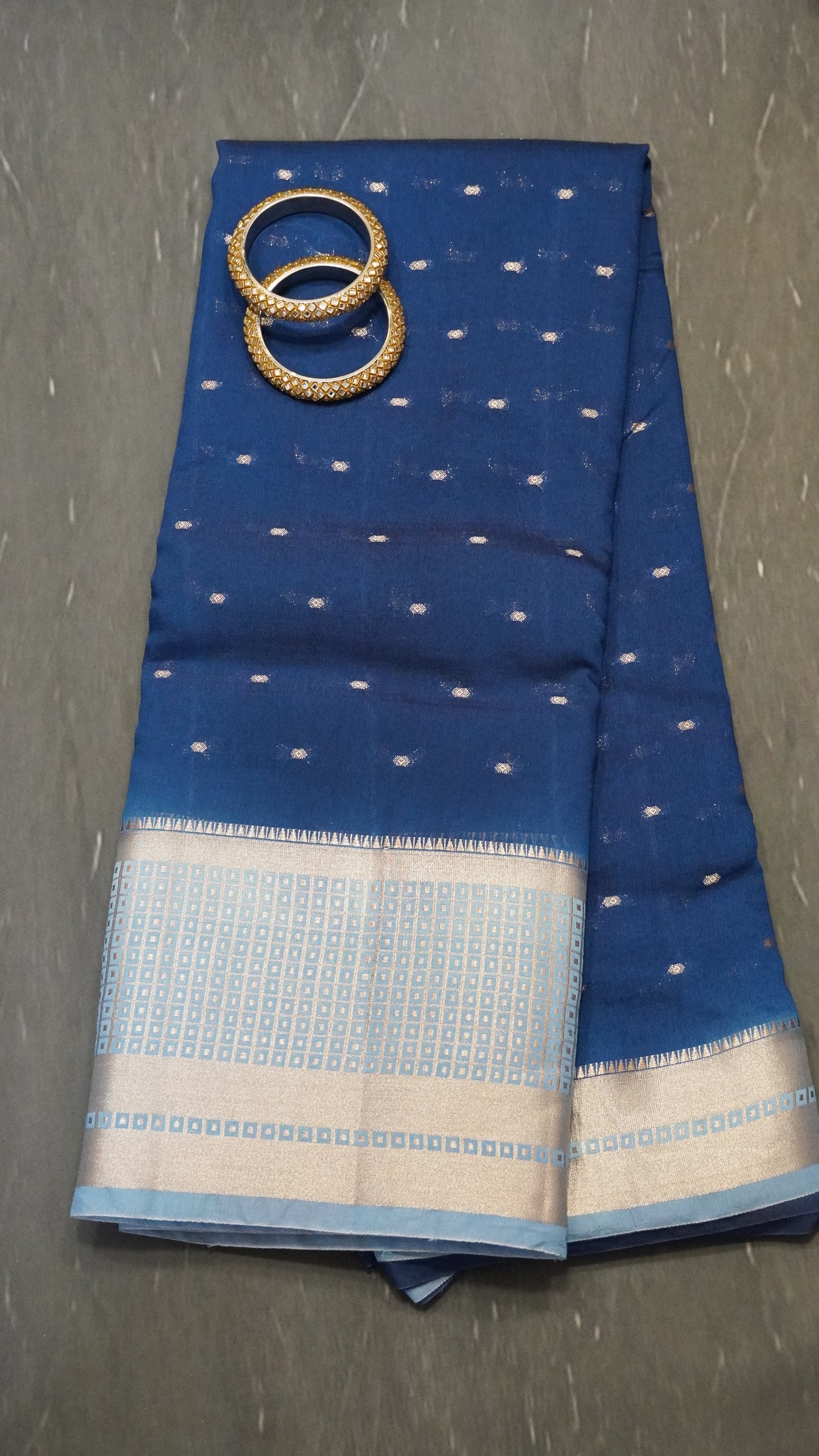 Viscose Saree - Mini Square Border Blue