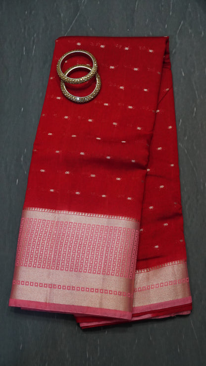 Viscose Saree - Mini Square Border Red