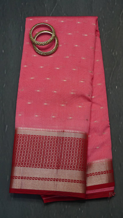 Viscose Saree - Mini Square Border Pink