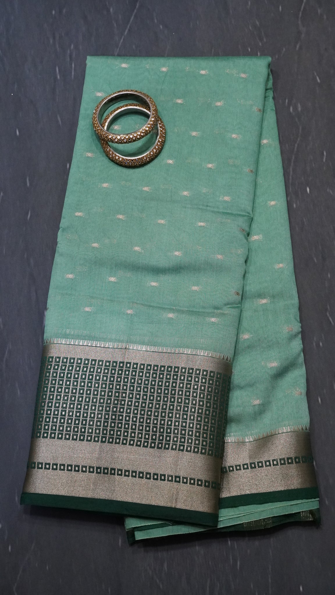 Viscose Saree - Mini Square Border Sea Green
