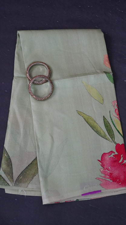 Pure Tussar Saree - Floral Pista Green