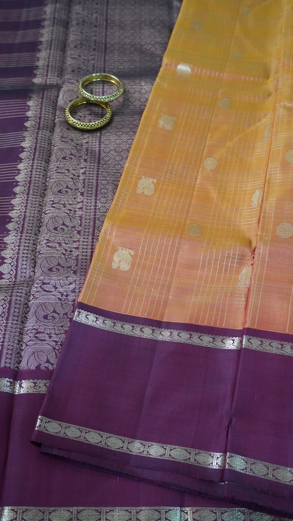Pure Kanchipuram Silk Saree- Rettapet Border Golden Orange